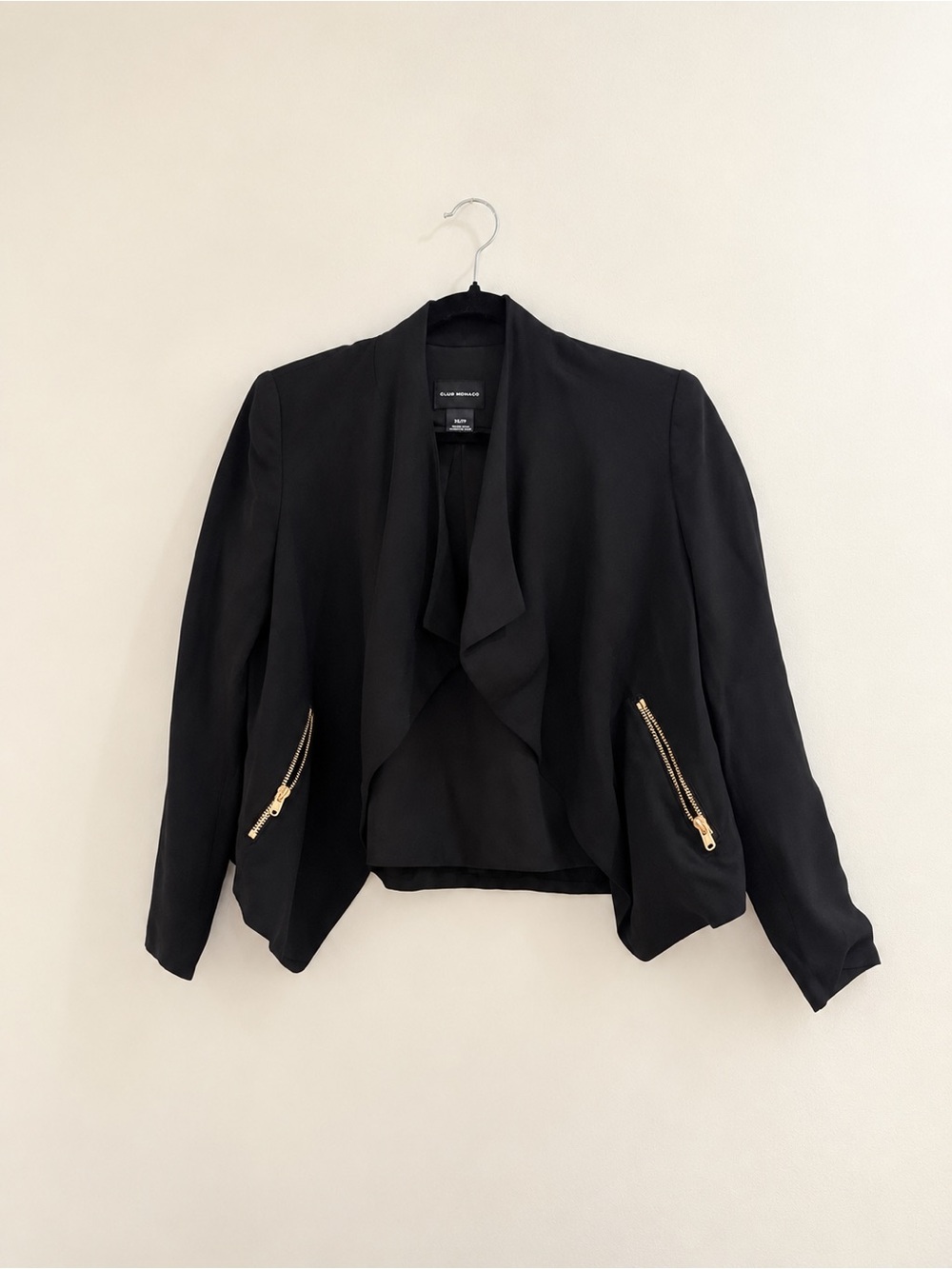 Black Draped Open-Front Jacket with Gold Zippers club Monaco